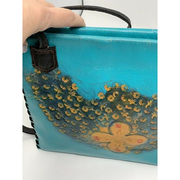Hand Made  Aqua Floral Leather Messenger Handbag - Picture 5 of 6